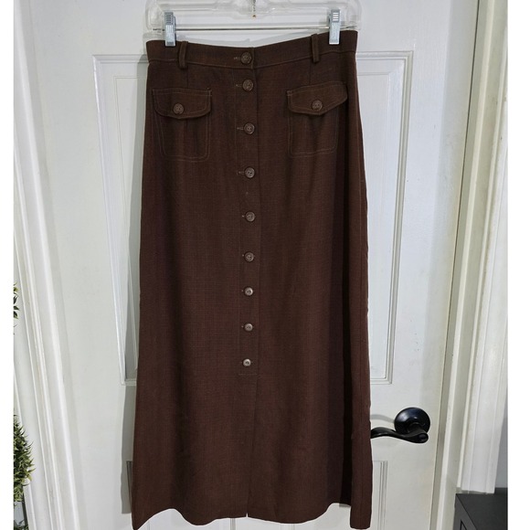 Gianna Italy Brown Maxi Skirt‎ Button Front High Waist A-Line Viscose Vintage - Picture 11 of 13